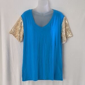 TOPSTYPE Blue Top Gold Sequin Short Sleeves V-Neck Sz L